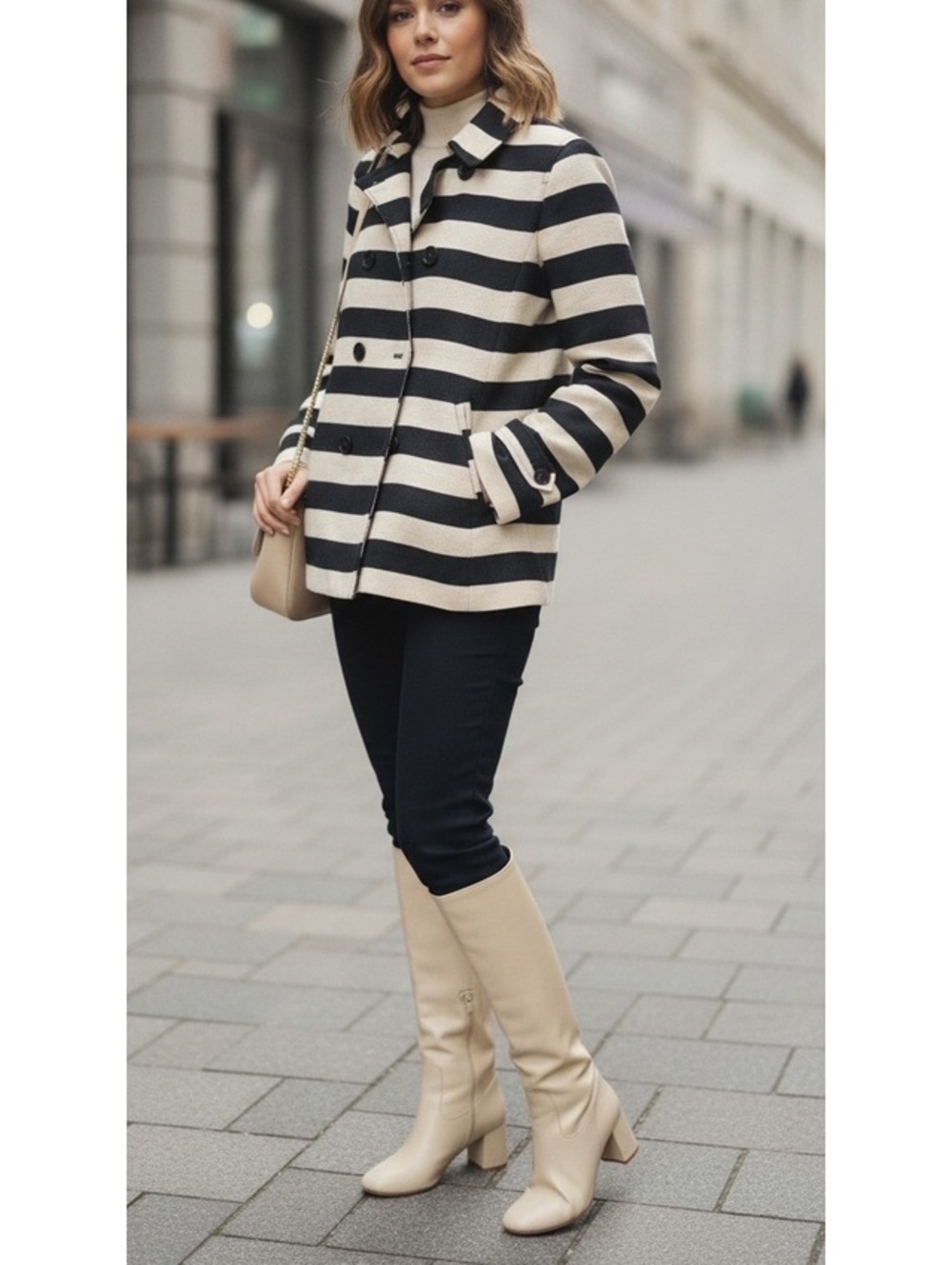 LOFT Black and Cream Striped Peacoat Jacket Size Small
